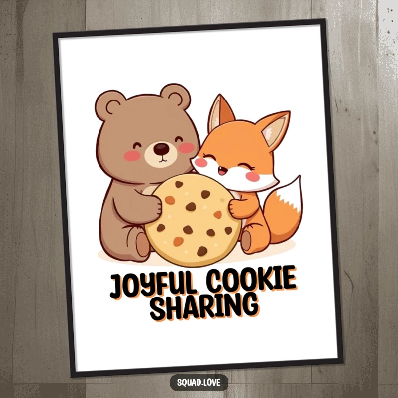 Funny Digital Art Print of a happy bear and fox sharing a giant cookie, ready for digital display.