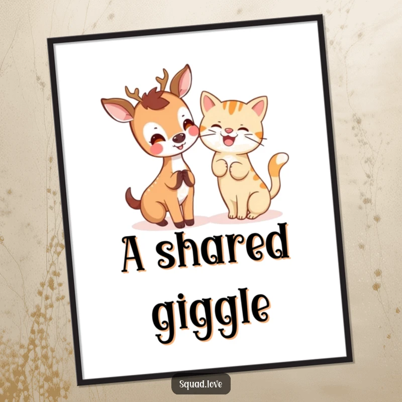 A joyful kawaii deer whispering a secret to a giggling cat, presented as downloadable digital art.