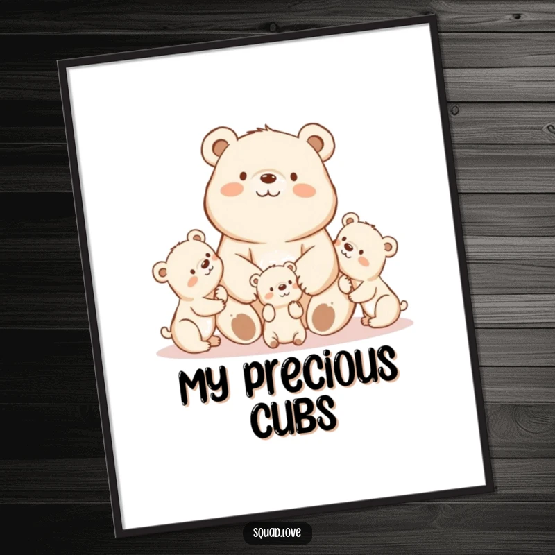 A proud kawaii mama bear watching her playful cubs, presented as downloadable digital art.