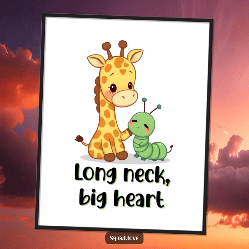 Funny digital art of a tall giraffe offering a comforting pat to a small, dejected caterpillar, capturing a moment of pure kindness.