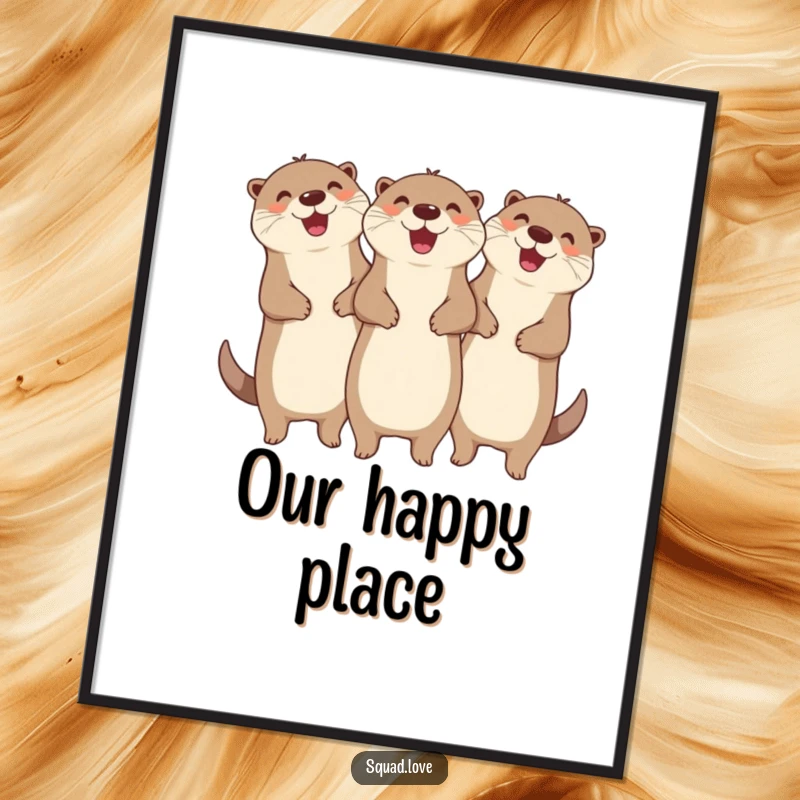 Funny digital art print of three ecstatic otters linked together, cheering with pure joy, ideal for humorous, cheerful decor.