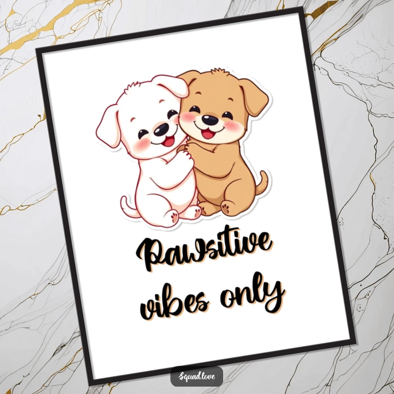 Funny puppy hug digital art print showing two smiling puppies hugging tightly, paws linked, creating a heartwarming scene.