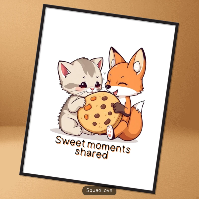 Funny kitten and fox digital art print showing a playful kitten and a fox sharing a giant cookie, symbolizing friendship.