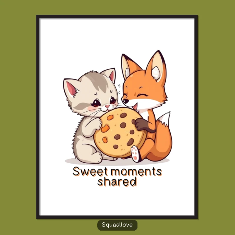 Funny Kitten & Fox Cookie Digital Art: Playful Friends Share Treat, Whimsical Funny Gift