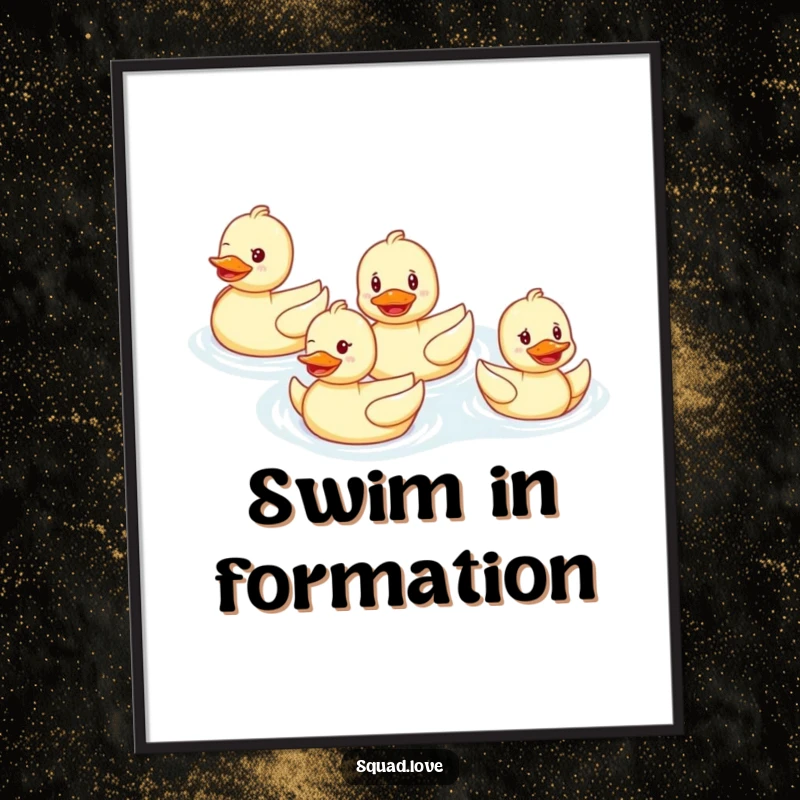 Funny digital art print of a smiling duck family swimming in perfect formation, offering instant downloadable cheerful aquatic fun.