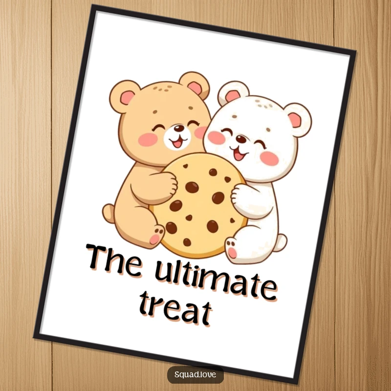 Two happy bear cubs sharing a giant cookie, digital art print, celebrating friendship and sweet moments.