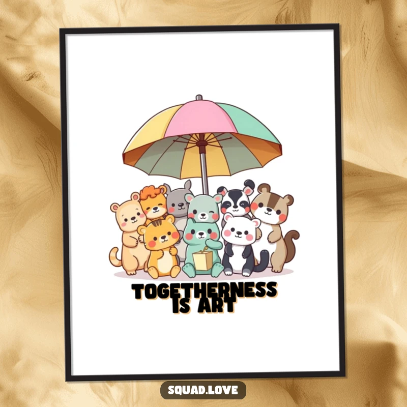 Funny animal friends digital art print, an illustration of diverse happy animals sharing a large, colorful umbrella.