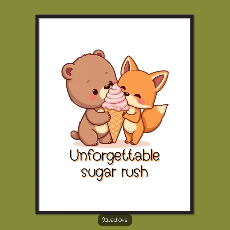 Funny Bear Cub & Fox Ice Cream Digital Art, Instant Download Decor