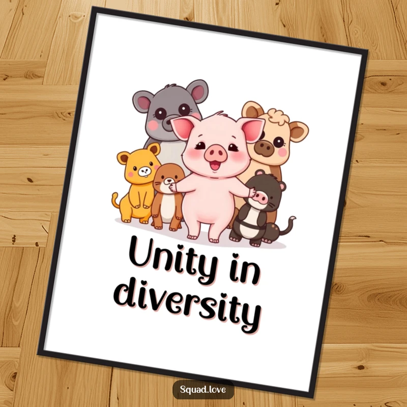 Funny piglet and friends digital art print showing a happy piglet holding hands with a diverse group of animals, symbolizing unity.