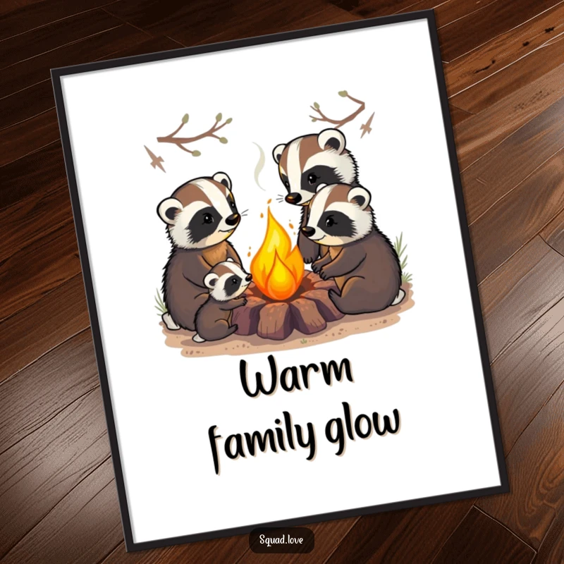 Funny digital art print of a badger family cozily gathered around a warm campfire, offering instant downloadable woodland charm and comfort.