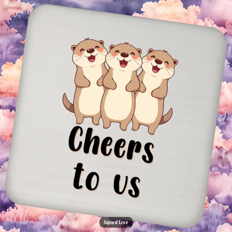Funny drink coasters with three happy otters linked arm-in-arm, cheering, adding humorous protection and friendship vibes.