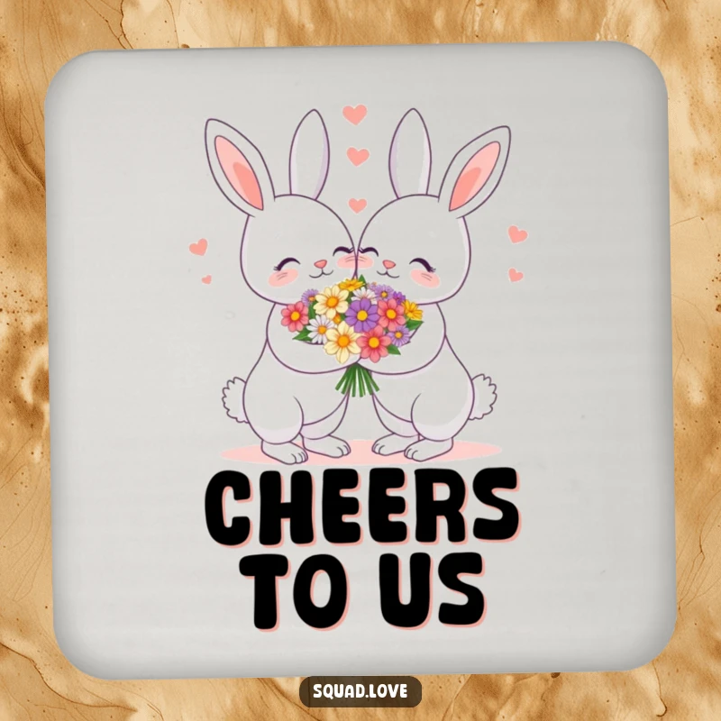 Funny drink coaster with a loving bunny couple sharing a flower bouquet, protecting surfaces with cute romantic flair.