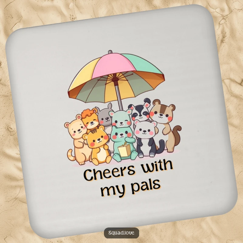 Funny animal friends drink coasters, featuring diverse animals sharing a colorful umbrella, protecting surfaces with charm.