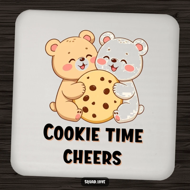 Two bear cubs sharing a giant cookie on a drink coaster, adding a touch of sweet friendship.