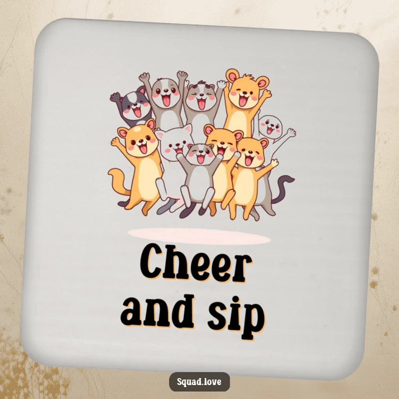 Funny drink coasters featuring a diverse group of animals leaping and cheering, protecting surfaces with lively celebration graphics.