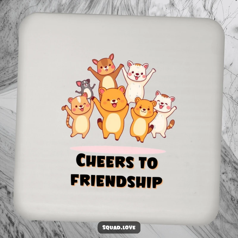Funny diverse animal friends coaster, holding hands and jumping joyfully, protecting surfaces with unified joy.