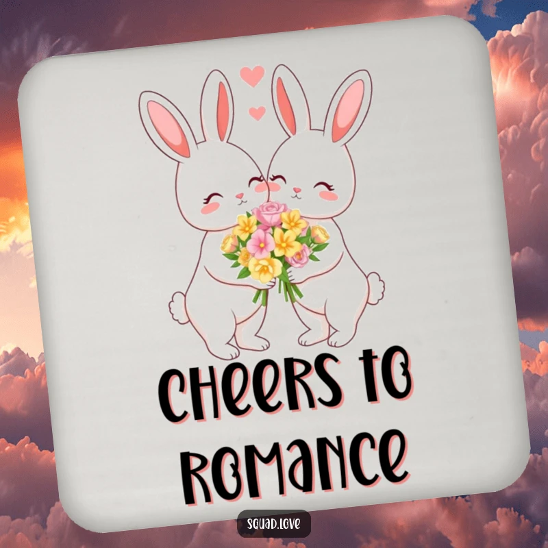Funny drink coasters featuring a loving bunny couple sharing flowers, adding romantic charm and surface protection.