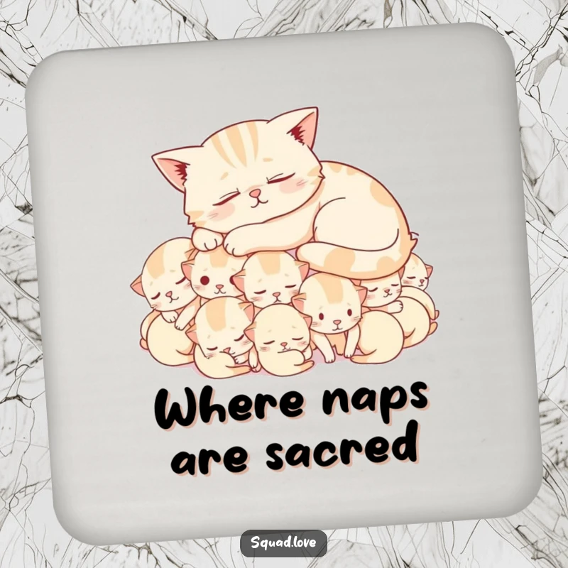 Funny coasters showing a peaceful cat napping on a soft mound of happy, sleepy kittens, adding humorous charm to tabletops.