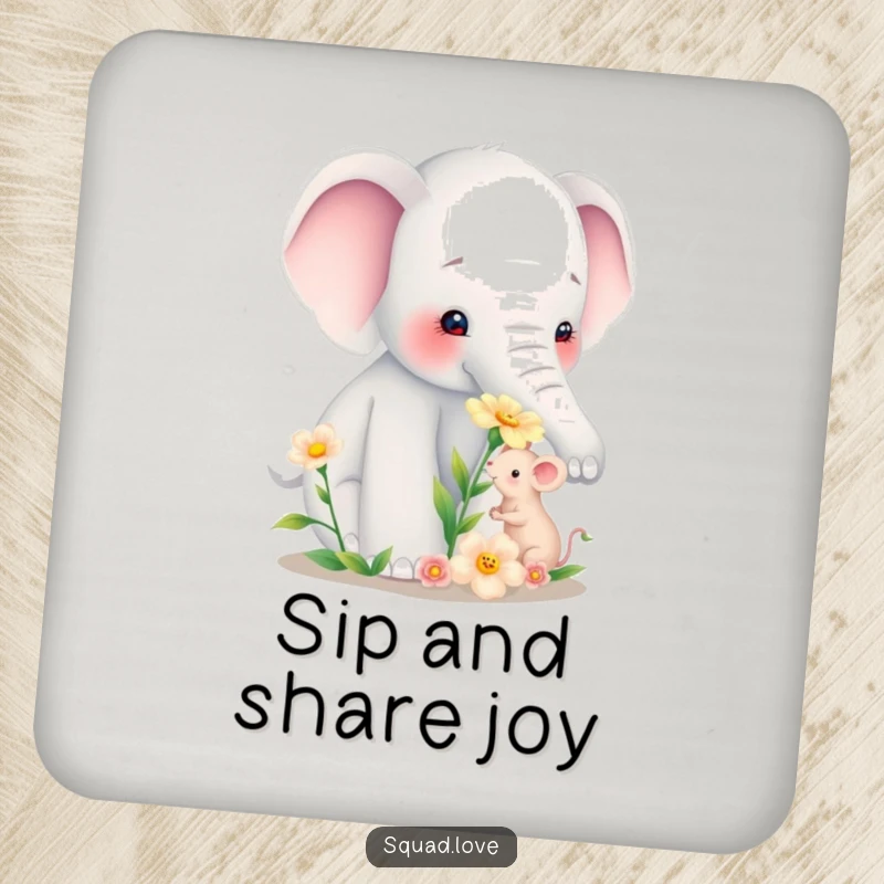 Funny coasters depicting a large elephant giving a flower to a tiny mouse, adding a cute touch to any table setting.