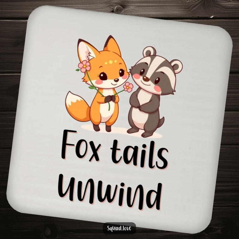 Funny drink coasters with a playful fox offering a flower to a smiling badger, protecting surfaces with woodland-themed charm.
