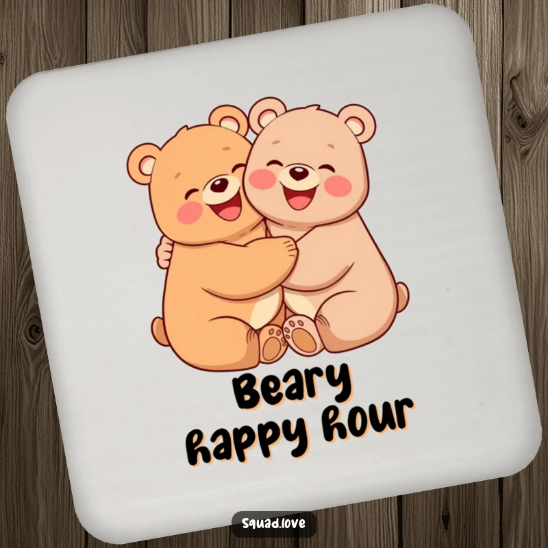 Funny drink coasters set with two smiling bears with pink cheeks, hugging each other tightly, providing protection with adorable appeal.
