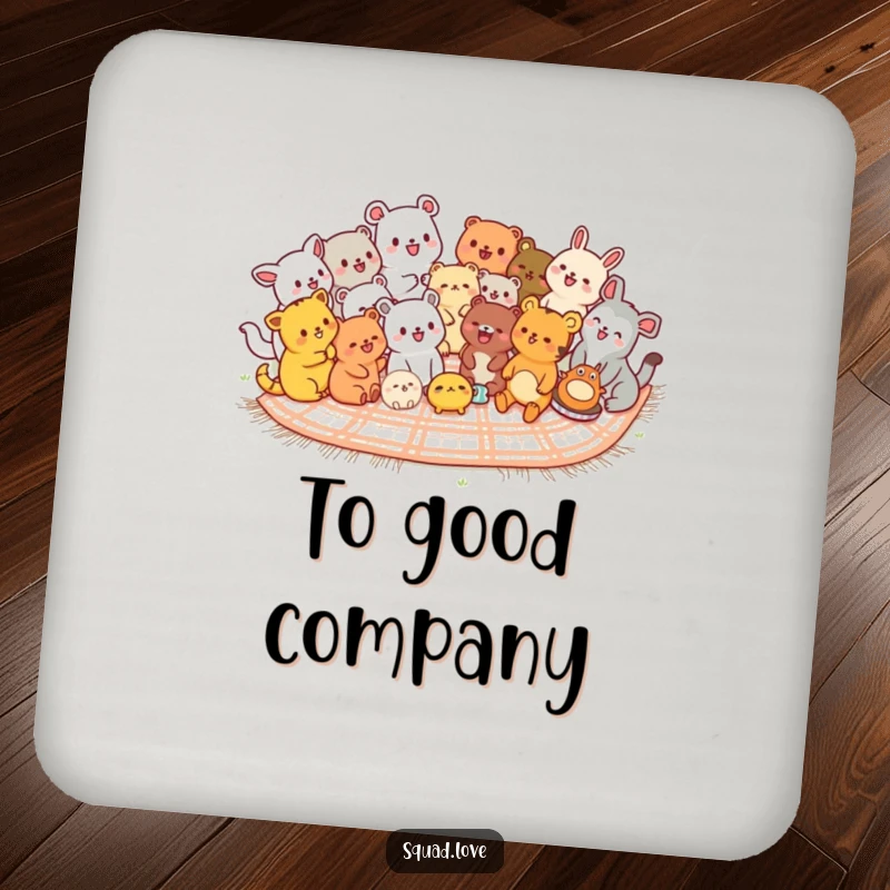 Funny kawaii animals drink coaster, diverse cute animals laughing together on a picnic blanket, adding cheerful protection.