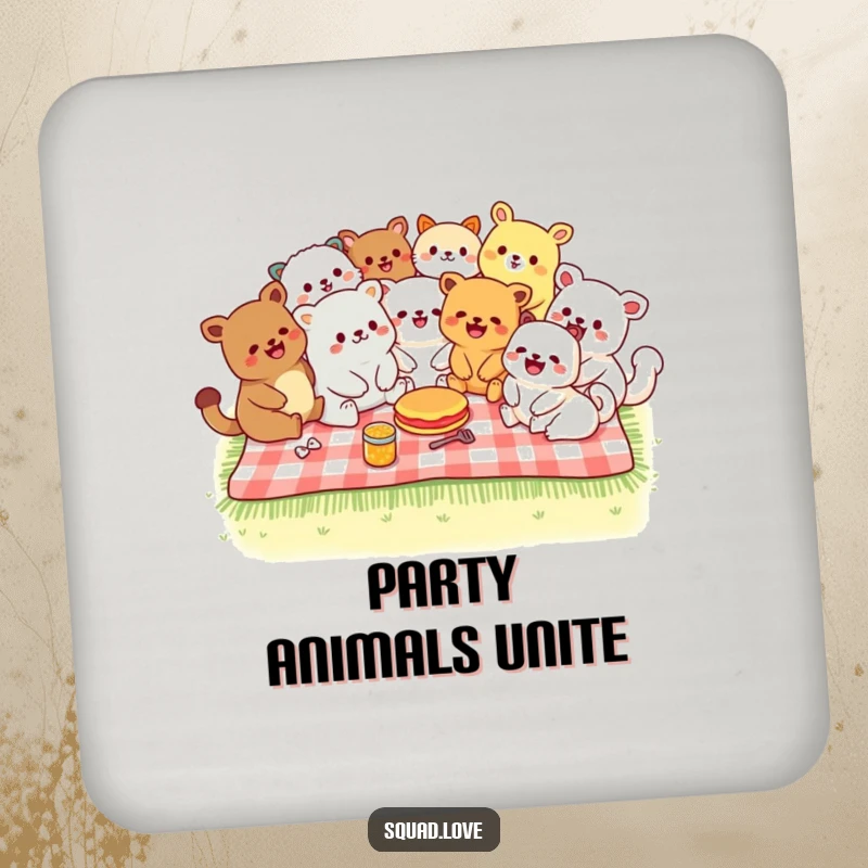 Funny drink coaster featuring diverse kawaii animals laughing on a picnic blanket, protecting surfaces with cheerful charm.