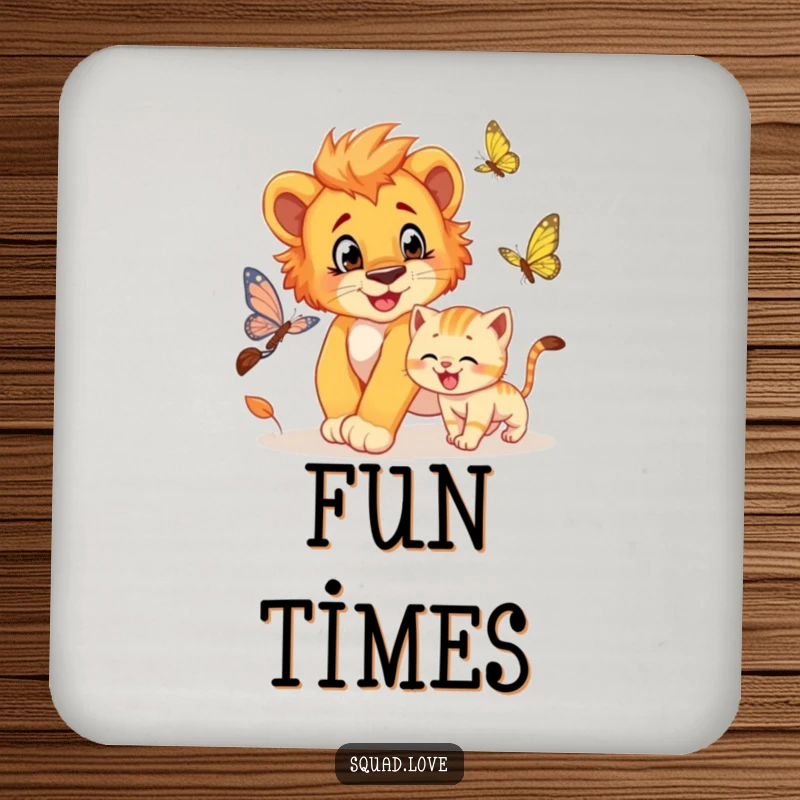 Funny coaster set featuring a lion cub playfully chasing a butterfly, with a grinning kitten joining the fun.