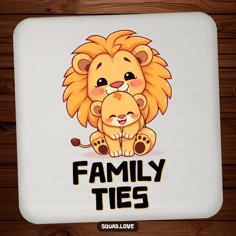 Funny lion family drink coasters, illustration of a proud lion cub hugged by a larger lion, smiling, for stylish surface protection.