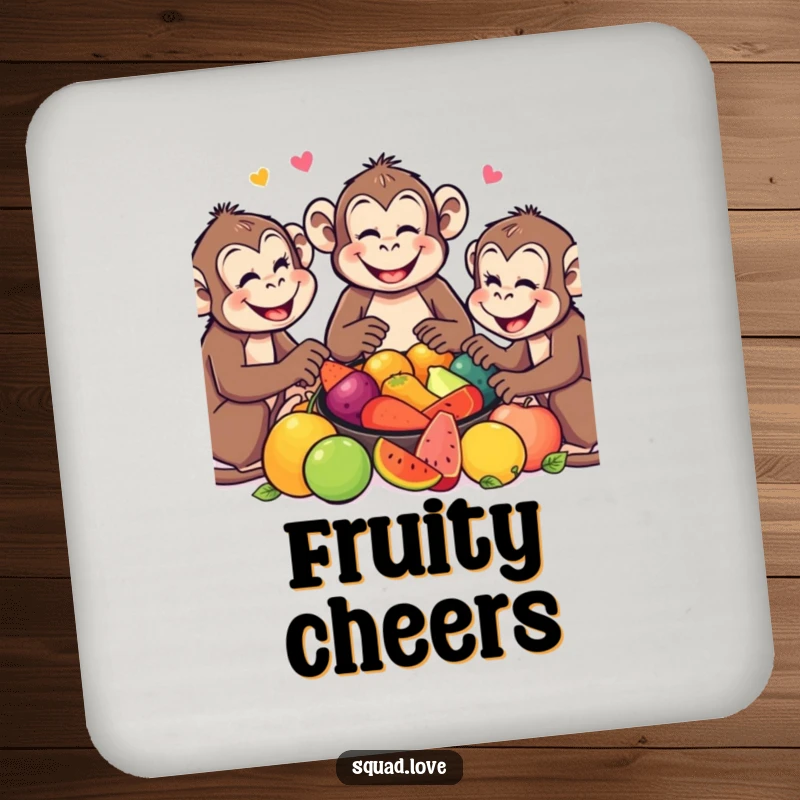Funny Monkey Coaster: Smiling monkeys enjoying a fruit feast, a humorous and protective addition to tabletops.