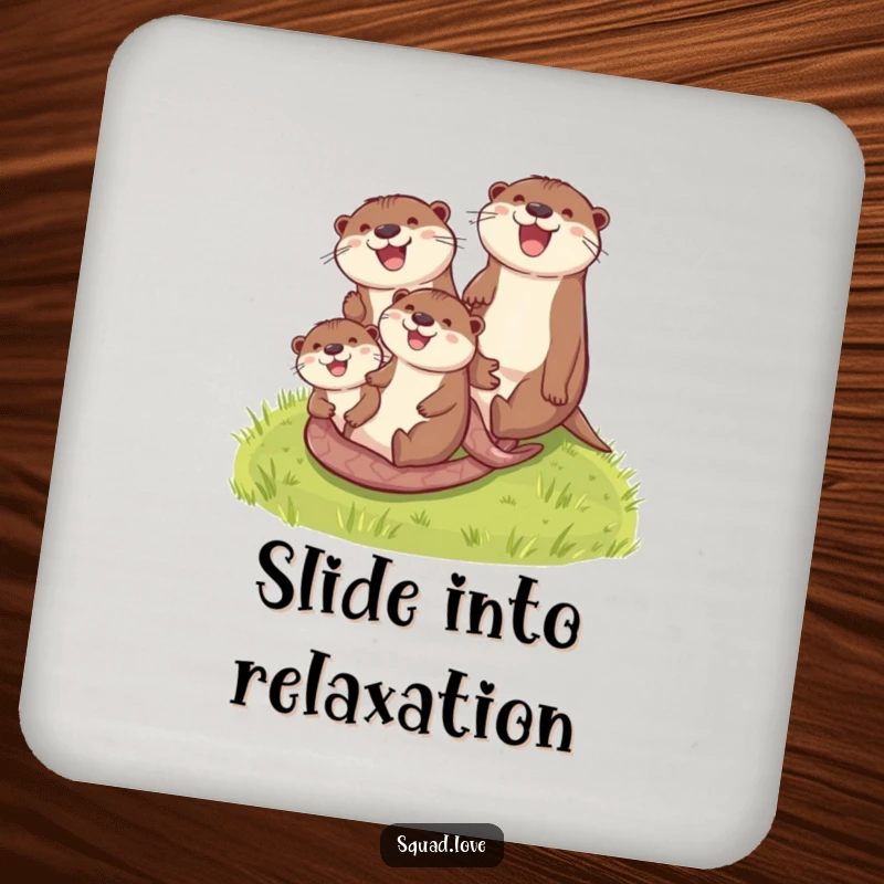 Funny otter family drink coaster depicting otters sliding down a green grassy hill, adding humor to your table setting.