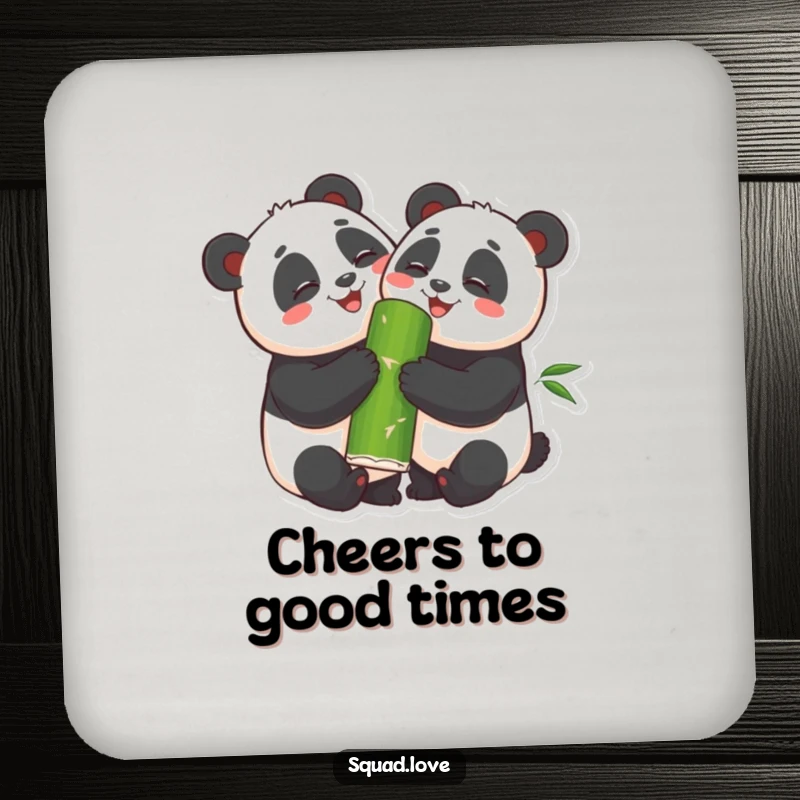 Funny Drink Coaster featuring two smiling pandas hugging and sharing bamboo, adding a heartwarming humorous touch to any surface.