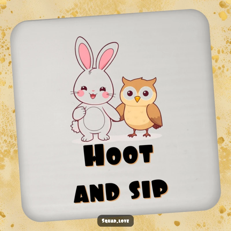 Funny drink coaster featuring a beaming kawaii bunny holding hands with a smiling owl, protecting surfaces with charm.