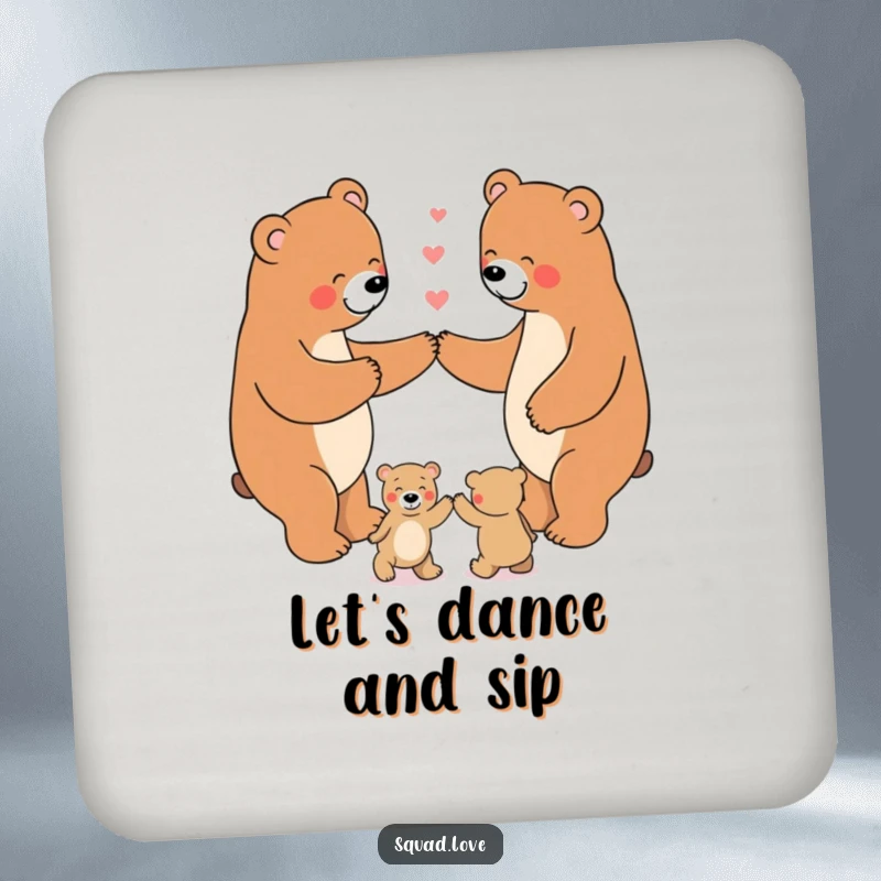 Funny Drink Coaster featuring a happy bear family dancing in a circle, adding a heartwarming humorous touch to any surface.