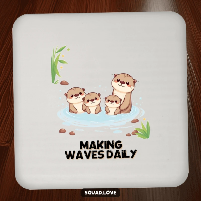 Funny drink coasters depicting a happy kawaii otter family splashing in a bubbly stream, adding a humorous and cute touch.
