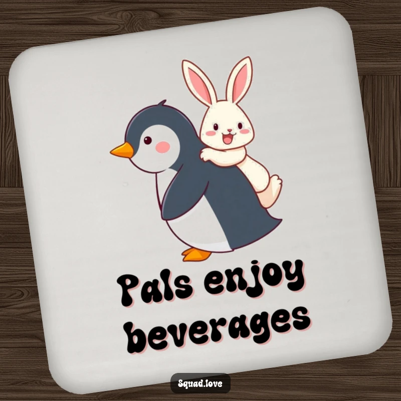 Funny coasters featuring a penguin giving a happy rabbit a piggyback ride, adding whimsy and protecting surfaces.