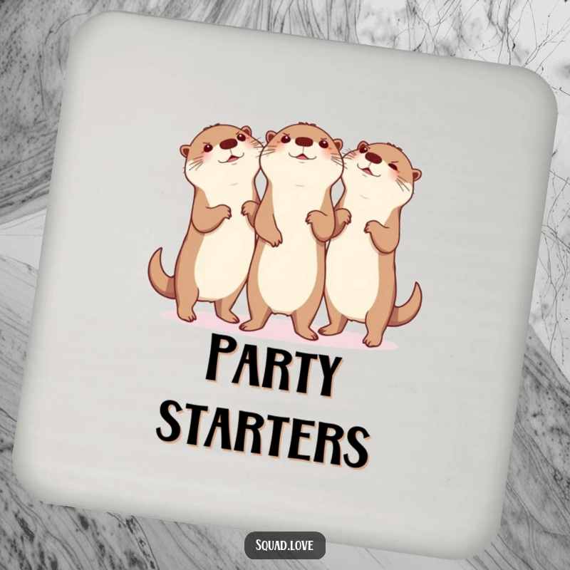Funny otter dance drink coasters, illustration of three otters in a synchronized silly dance, full of glee, for stylish surface protection.