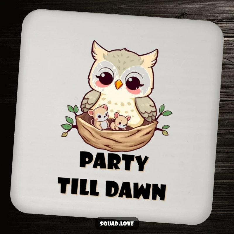 Funny Owl and Mouse Coaster Set: A wise owl and a tiny mouse share a nest, cute and functional coasters celebrating woodland friendships.