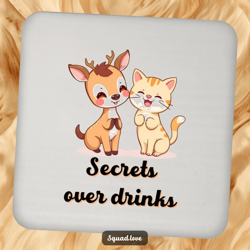 A joyful kawaii deer sharing a secret with a giggling cat, depicted on protective drink coasters.