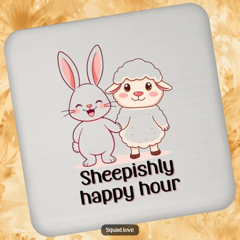 Funny drink coasters with a cheerful rabbit holding hands with a fluffy sheep, protecting surfaces with adorable charm.