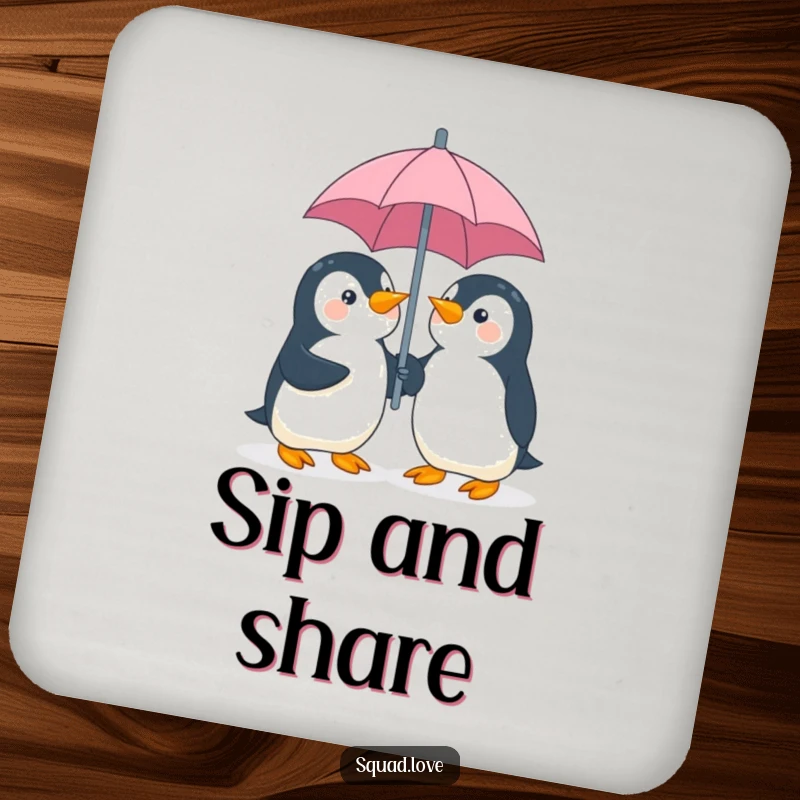 Funny penguin umbrella drink coasters, illustration of two playful penguins giggling while sharing an umbrella, for stylish surface protection.