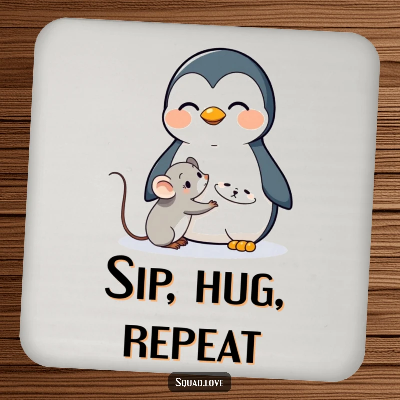Funny drink coasters depicting a happy penguin giving a shy mouse a hug, adding a cute and humorous element to beverage service.