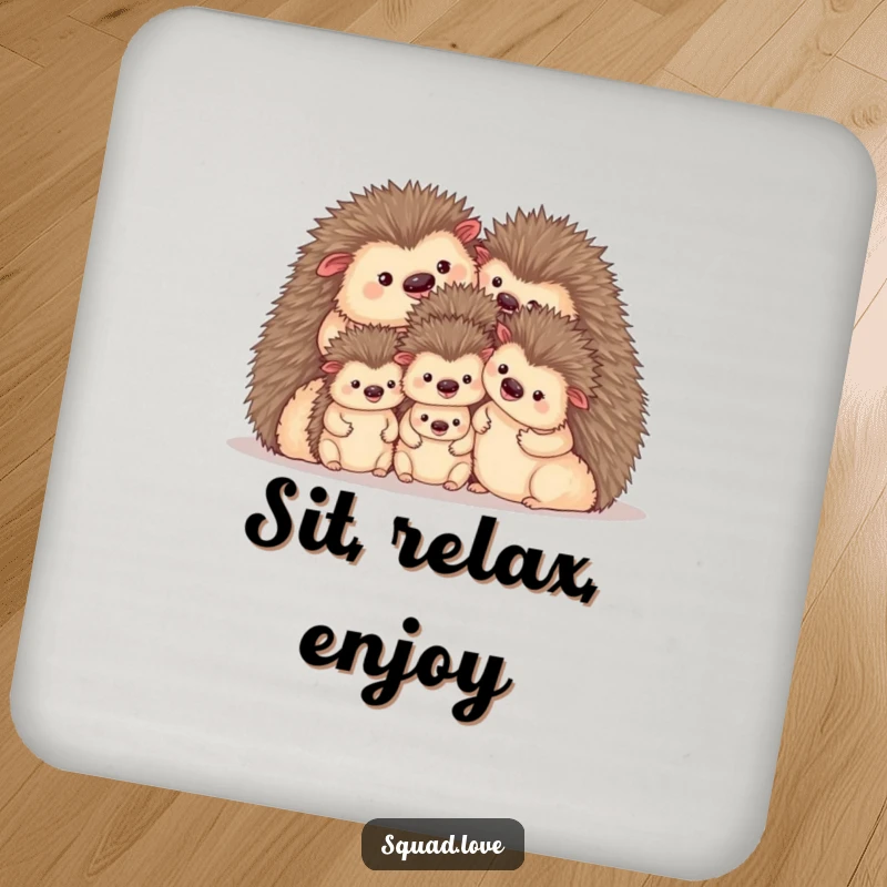 Funny drink coasters featuring a delightful family of hedgehogs huddled together, offering protection with cute charm.