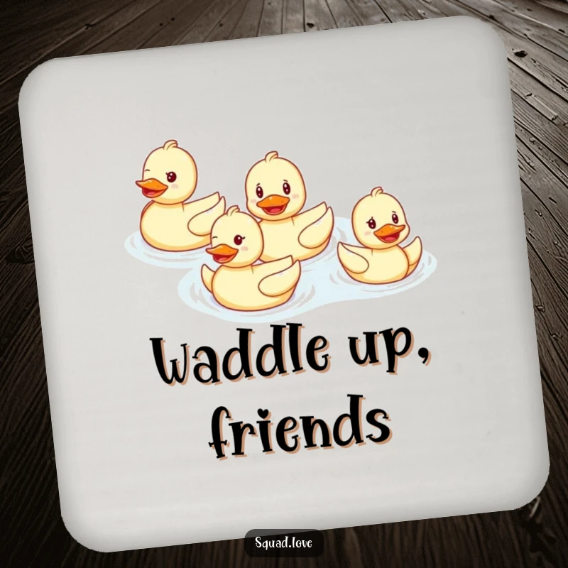 Funny coaster with a smiling duck family swimming in perfect formation, protecting surfaces with cheerful aquatic charm.