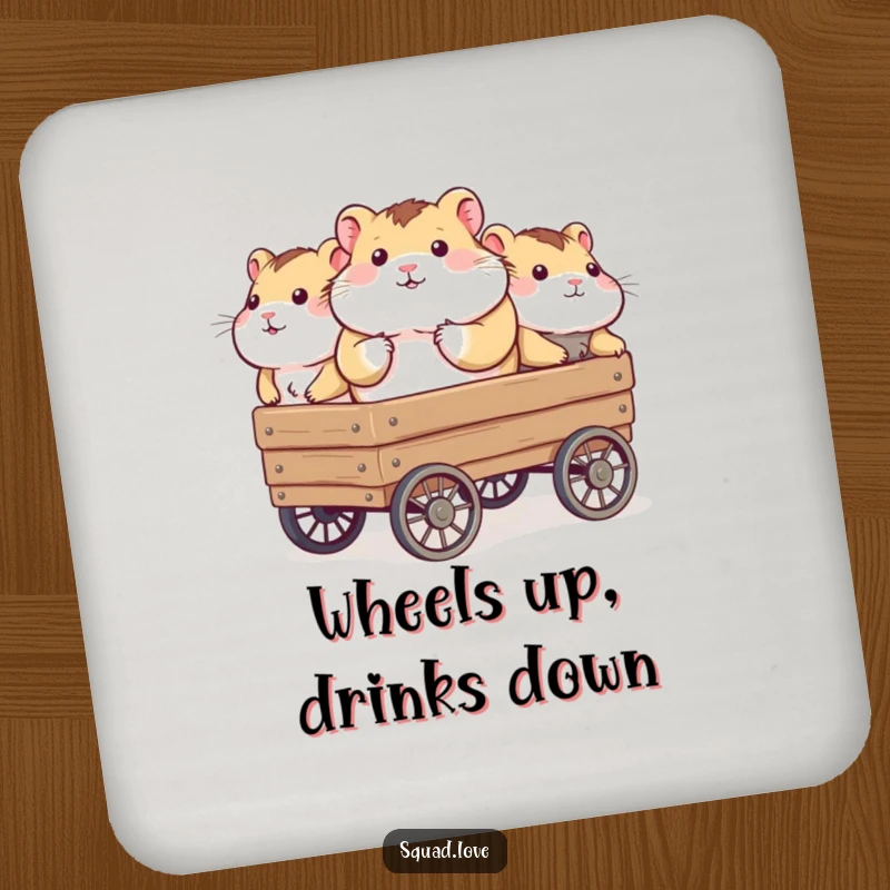 Funny coasters depicting a chubby hamster being carried in a wagon by smiling friends, adding a cute touch to any table.
