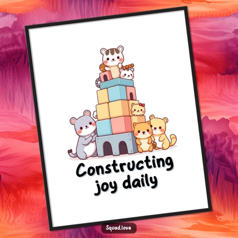Funny poster showcasing a delightful group of kawaii animals enthusiastically building a tall, impressive block tower, perfect for wall decor.