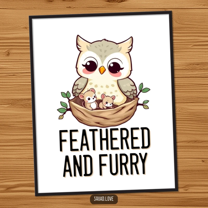 Funny Owl and Mouse Poster: A wise owl and a tiny mouse nestle together, creating a peaceful and charming wall art piece about friendship.