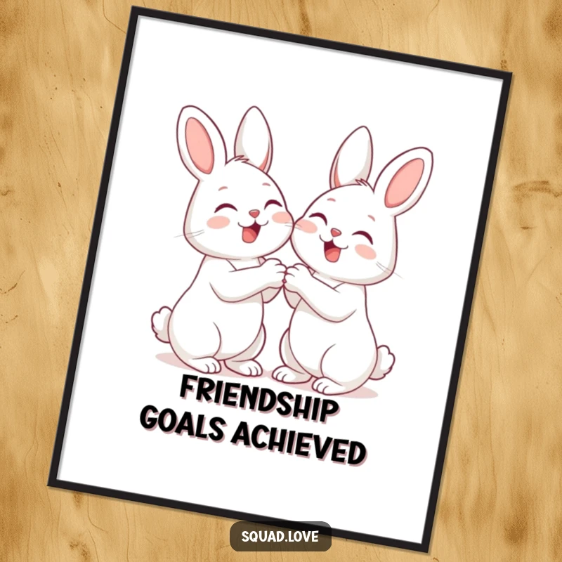 Funny poster print of two cute bunnies holding paws and giggling, adding cheerful friendship vibes and humor to decor.