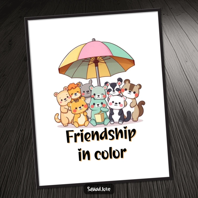 Funny animal friends poster, an illustration of various happy animals sharing a giant, colorful umbrella, symbolizing togetherness.