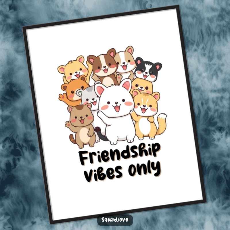 Funny poster depicting a diverse group of animal friends enthusiastically waving, symbolizing joy, unity, and the fun of friendship.